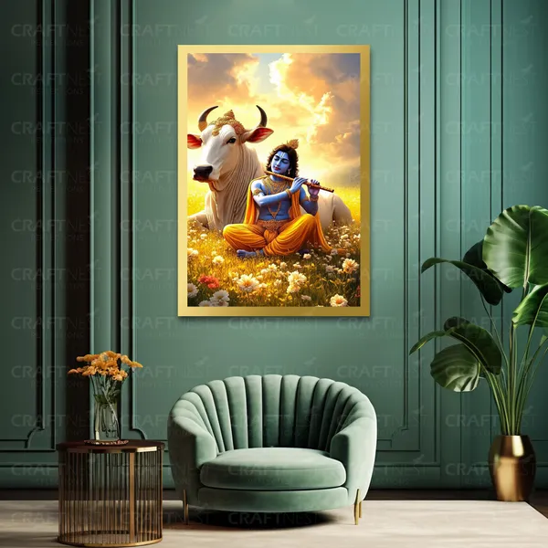 Craftnest_Reflections_Lord_Krishna_Religious_91X60_Cm_Wall_Frame,_Canvas_Printed_Golden_Framed_For_Home_Decor_Spiritual_Lord_For_Office,_Studio,_Bedroom,_Living_Room,_Design_3