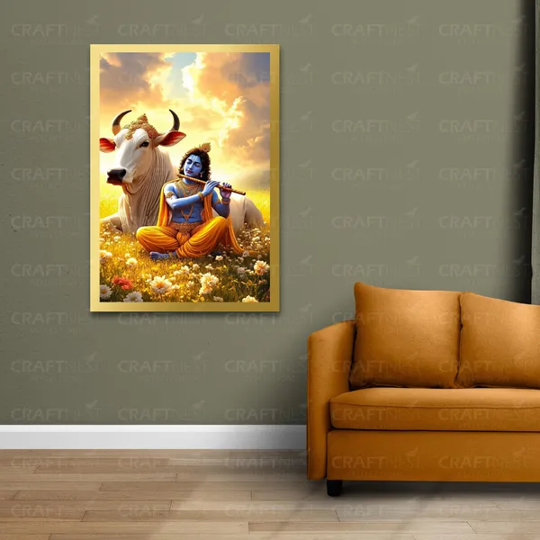 Craftnest_Reflections_Lord_Krishna_Religious_91X60_Cm_Wall_Frame,_Canvas_Printed_Golden_Framed_For_Home_Decor_Spiritual_Lord_For_Office,_Studio,_Bedroom,_Living_Room,_Design_3
