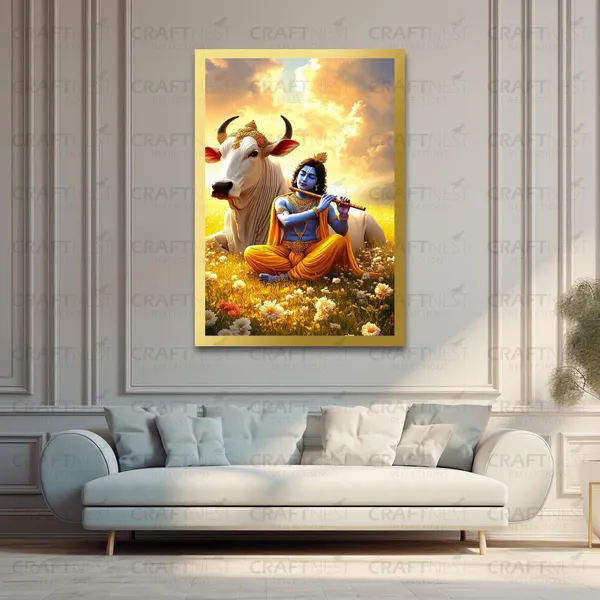Craftnest_Reflections_Lord_Krishna_Religious_91X60_Cm_Wall_Frame,_Canvas_Printed_Golden_Framed_For_Home_Decor_Spiritual_Lord_For_Office,_Studio,_Bedroom,_Living_Room,_Design_3