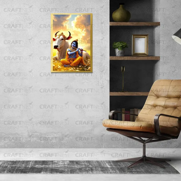 Craftnest_Reflections_Lord_Krishna_Religious_30X20_Cm_Wall_Frame,_Canvas_Printed_Golden_Framed_For_Home_Decor_Spiritual_Lord_For_Office,_Studio,_Bedroom,_Living_Room,_Design_3