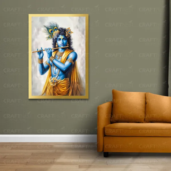 Craftnest_Reflections_Lord_Krishna_Religious_91X60_Cm_Wall_Frame,_Canvas_Printed_Golden_Framed_For_Home_Decor_Spiritual_Lord_For_Office,_Studio,_Bedroom,_Living_Room,_Design_4