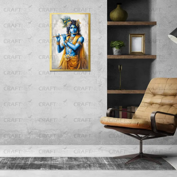 Craftnest_Reflections_Lord_Krishna_Religious_30X20_Cm_Wall_Frame,_Canvas_Printed_Golden_Framed_For_Home_Decor_Spiritual_Lord_For_Office,_Studio,_Bedroom,_Living_Room,_Design_4