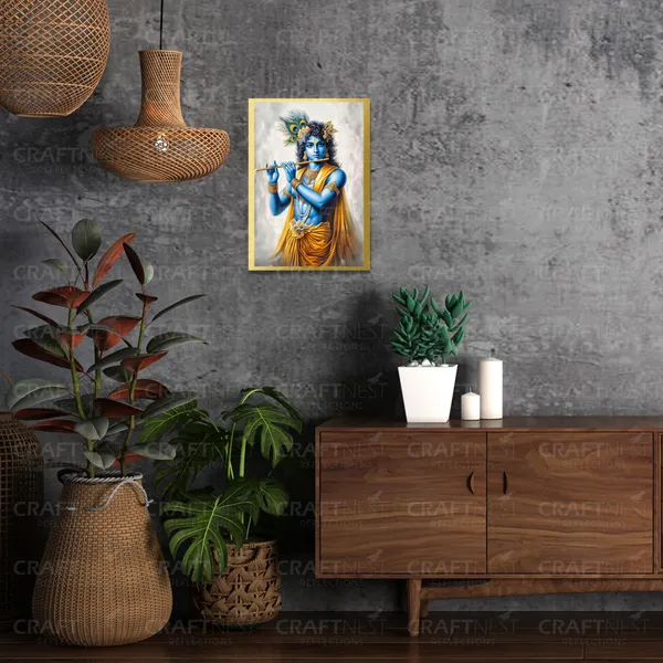 Craftnest_Reflections_Lord_Krishna_Religious_30X20_Cm_Wall_Frame,_Canvas_Printed_Golden_Framed_For_Home_Decor_Spiritual_Lord_For_Office,_Studio,_Bedroom,_Living_Room,_Design_4
