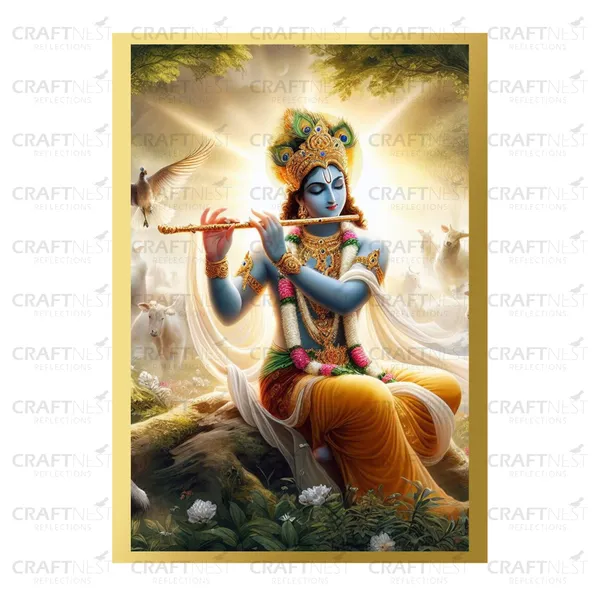 Craftnest_Reflections_Lord_Krishna_Religious_30X20_Cm_Wall_Frame,_Canvas_Printed_Golden_Framed_For_Home_Decor_Spiritual_Lord_For_Office,_Studio,_Bedroom,_Living_Room,_Design_7