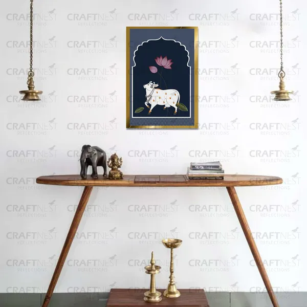Craftnest_Reflections_Pichwai_Cow_Art_30X20_Cm_Traditional_Paintings_Frame_For_Home_Decor_|_Engineered_Wood_Ready_To_Hang_Frame_With_Back_Hook,_Spirituals_Canvas_Painting_For_Living_Room