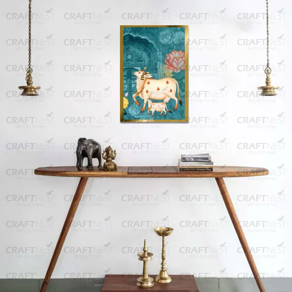 Craftnest_Reflections_Pichwai_Cow_Art_30X20_Cm_Traditional_Paintings_Frame_For_Home_Decor_|_Engineered_Wood_Ready_To_Hang_Frame_With_Back_Hook,_Spirituals_Canvas_Painting_For_Living_Room
