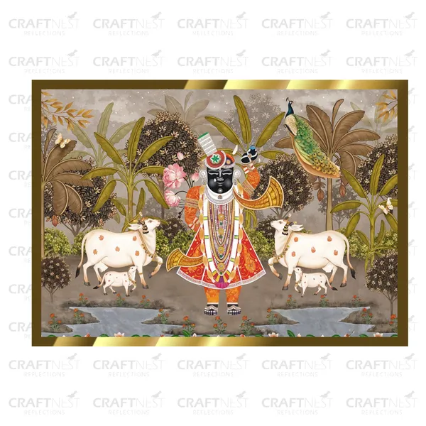 Craftnest_Reflections_Shrinath_Ji_With_Two_Cow_30X20_Cm_Traditional_Paintings_Frame_For_Home_Decor_|_Engineered_Wood_Ready_To_Hang_God_Frame_With_Back_Hook,_Spirituals_Canvas_Painting_For_Living_Room