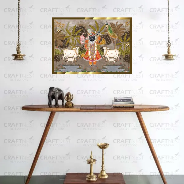 Craftnest_Reflections_Shrinath_Ji_With_Two_Cow_30X20_Cm_Traditional_Paintings_Frame_For_Home_Decor_|_Engineered_Wood_Ready_To_Hang_God_Frame_With_Back_Hook,_Spirituals_Canvas_Painting_For_Living_Room