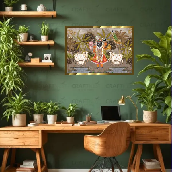 Craftnest_Reflections_Shrinath_Ji_With_Two_Cow_30X20_Cm_Traditional_Paintings_Frame_For_Home_Decor_|_Engineered_Wood_Ready_To_Hang_God_Frame_With_Back_Hook,_Spirituals_Canvas_Painting_For_Living_Room