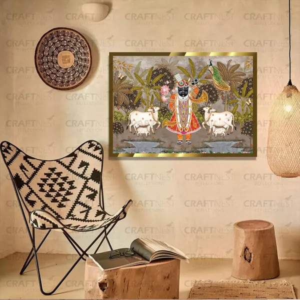 Craftnest_Reflections_Shrinath_Ji_With_Two_Cow_42X30_Cm_Traditional_Paintings_Frame_For_Home_Decor_|_Engineered_Wood_Ready_To_Hang_God_Frame_With_Back_Hook,_Spirituals_Canvas_Painting_For_Living_Room