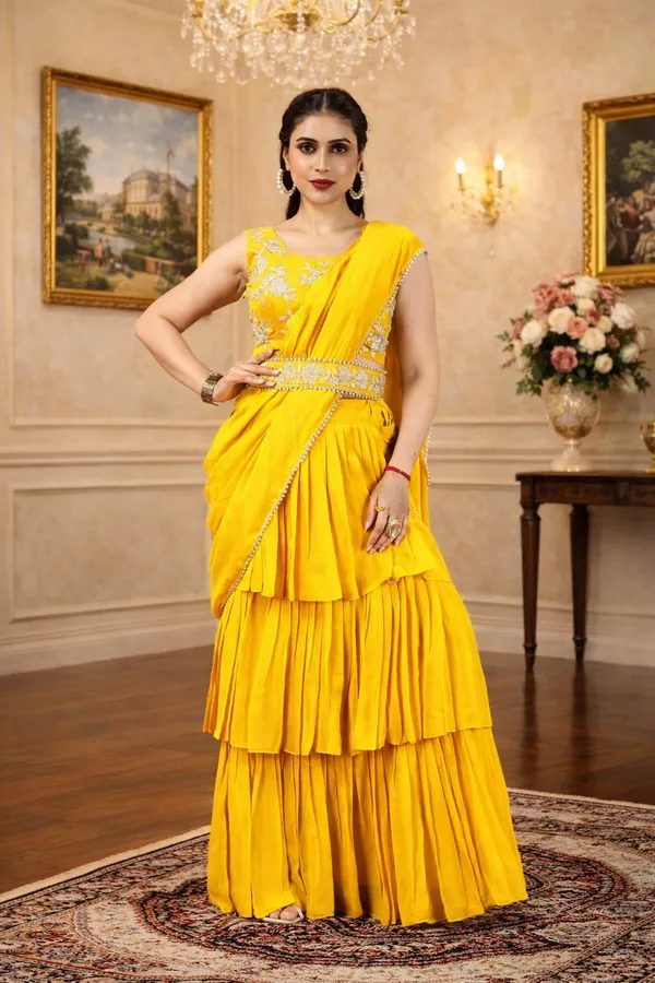 New_Collection_Ready_To_Wear_Georgette_Ruffle_Style_Lehenga_Saree_With_Stitched_Embroidery_Blouse_And_Belt