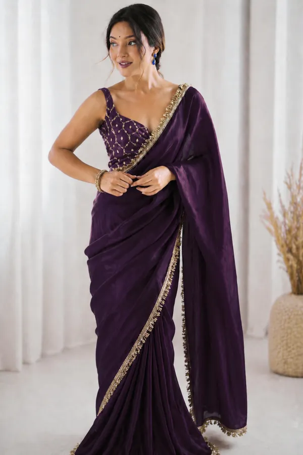 Designer_Chinon_Saree_Decorated_With_Readymade_Gold_Sequence_Lace_And_Sequence_Embroidered_Unstitched_Blouse_Piece