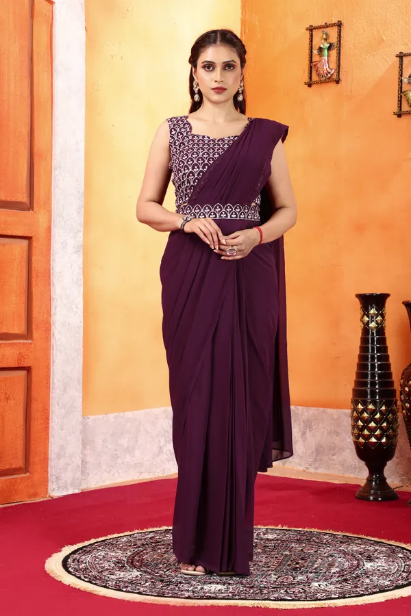 Designer_Ready_To_Wear_Georgette_Saree_With_Unstitched_Embroidery_Work_Blouse_Piece_And_Embroidery_Waist_Belt