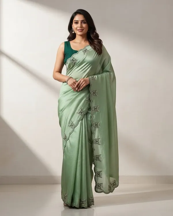 Gorgeous_Chinon_Saree_With_Amazing_Zari_Embroidery_Border_With_And_Contrast_Blouse_Piece