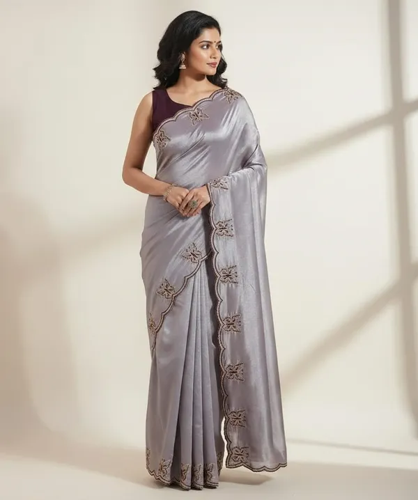 Gorgeous_Chinon_Saree_With_Amazing_Zari_Embroidery_Border_With_And_Contrast_Blouse_Piece