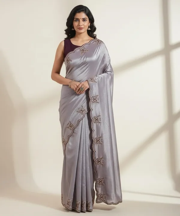 Gorgeous_Chinon_Saree_With_Amazing_Zari_Embroidery_Border_With_And_Contrast_Blouse_Piece