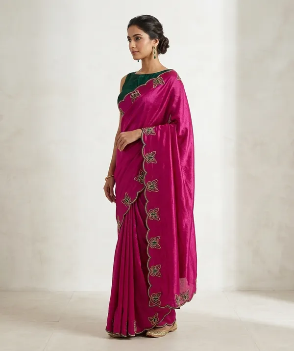 Gorgeous_Chinon_Saree_With_Amazing_Zari_Embroidery_Border_With_And_Contrast_Blouse_Piece