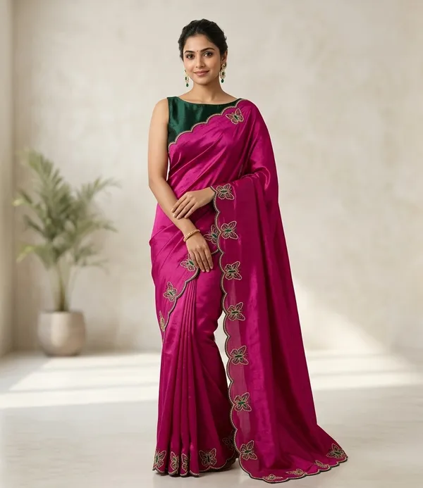 Gorgeous_Chinon_Saree_With_Amazing_Zari_Embroidery_Border_With_And_Contrast_Blouse_Piece