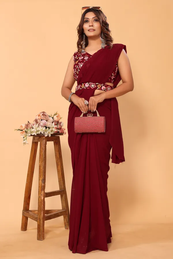 Designer_Ready_To_Wear_Georgette_Saree_With_Unstitched_Embroidery_Work_Blouse_Piece_And_Embroidery_Waist_Belt