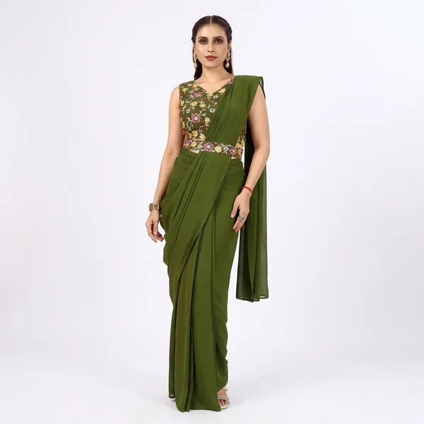Designer_Ready_To_Wear_Georgette_Saree_With_Unstitched_Embroidery_Work_Blouse_Piece_And_Embroidery_Waist_Belt