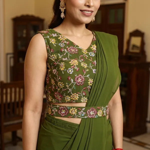 Designer_Ready_To_Wear_Georgette_Saree_With_Unstitched_Embroidery_Work_Blouse_Piece_And_Embroidery_Waist_Belt