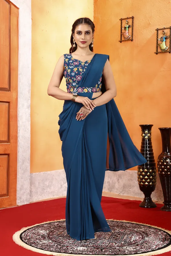 Designer_Ready_To_Wear_Georgette_Saree_With_Unstitched_Embroidery_Work_Blouse_Piece_And_Embroidery_Waist_Belt