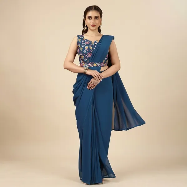 Designer_Ready_To_Wear_Georgette_Saree_With_Unstitched_Embroidery_Work_Blouse_Piece_And_Embroidery_Waist_Belt
