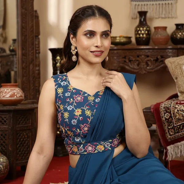 Designer_Ready_To_Wear_Georgette_Saree_With_Unstitched_Embroidery_Work_Blouse_Piece_And_Embroidery_Waist_Belt