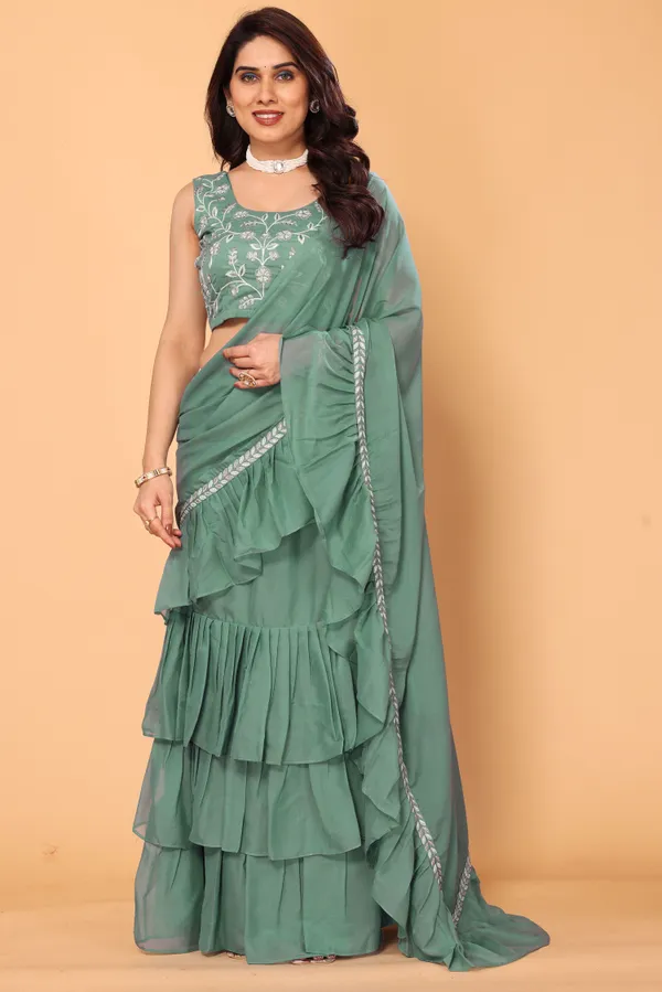 Gratifying_Ruffle_Style_Diamond_Georgette_Ready_To_Wear_Fully_Stitched_Saree_With_Embroidery_Work_Stitched_Blouse