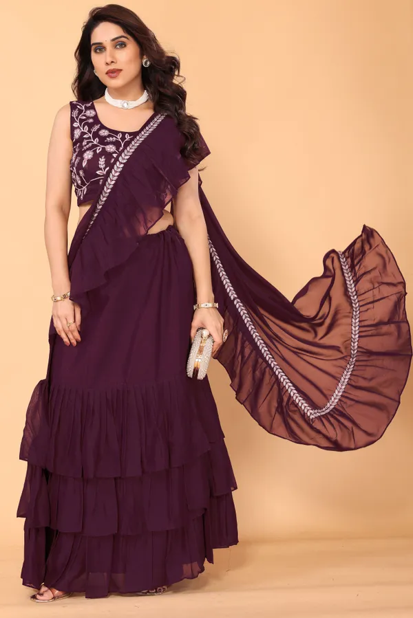 Gratifying_Ruffle_Style_Diamond_Georgette_Ready_To_Wear_Fully_Stitched_Saree_With_Embroidery_Work_Stitched_Blouse