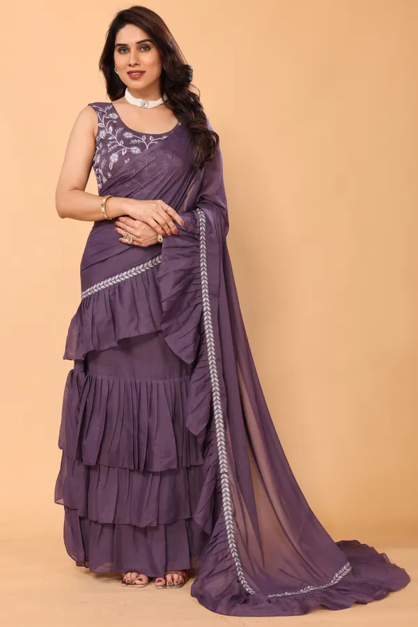 Gratifying_Ruffle_Style_Diamond_Georgette_Ready_To_Wear_Fully_Stitched_Saree_With_Embroidery_Work_Stitched_Blouse