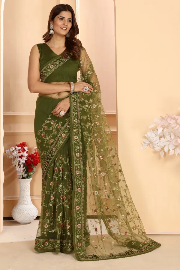 Attractive_Soft_Net_Floral_Embroidery_Saree_Decorated_With_Embroidery_Ruffle_Border_And_Unstitched_Art_Silk_Blouse_Piece