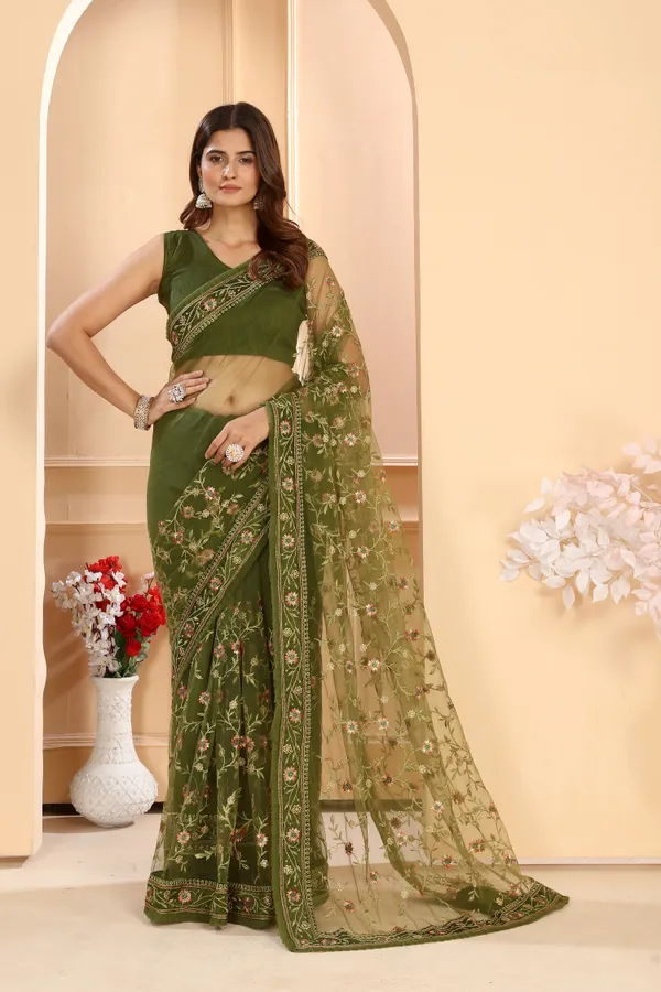 Attractive_Soft_Net_Floral_Embroidery_Saree_Decorated_With_Embroidery_Ruffle_Border_And_Unstitched_Art_Silk_Blouse_Piece