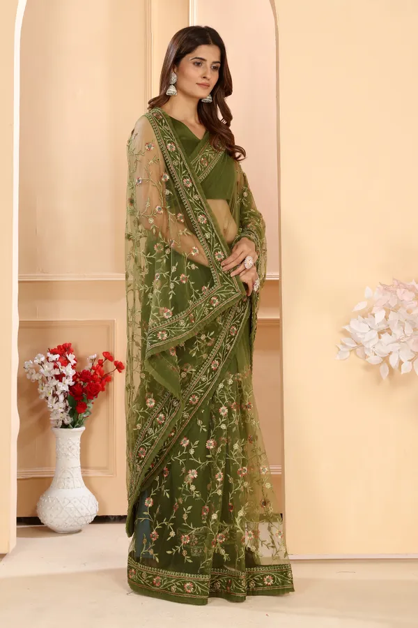 Attractive_Soft_Net_Floral_Embroidery_Saree_Decorated_With_Embroidery_Ruffle_Border_And_Unstitched_Art_Silk_Blouse_Piece