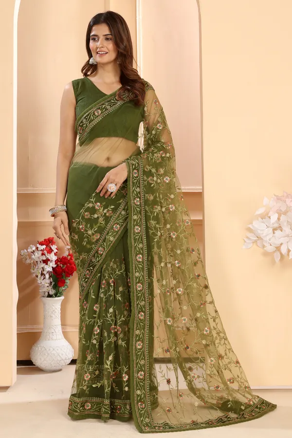 Attractive_Soft_Net_Floral_Embroidery_Saree_Decorated_With_Embroidery_Ruffle_Border_And_Unstitched_Art_Silk_Blouse_Piece