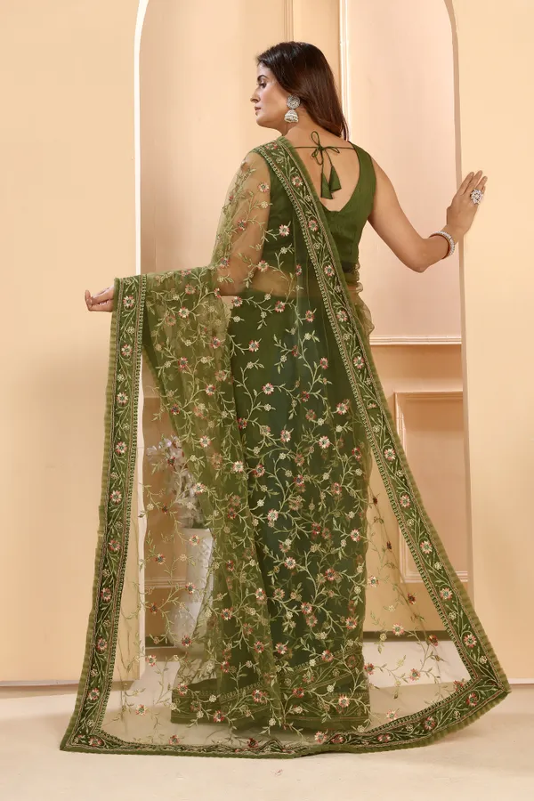 Attractive_Soft_Net_Floral_Embroidery_Saree_Decorated_With_Embroidery_Ruffle_Border_And_Unstitched_Art_Silk_Blouse_Piece