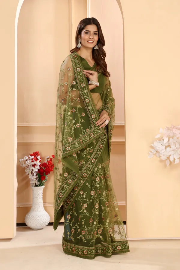 Attractive_Soft_Net_Floral_Embroidery_Saree_Decorated_With_Embroidery_Ruffle_Border_And_Unstitched_Art_Silk_Blouse_Piece