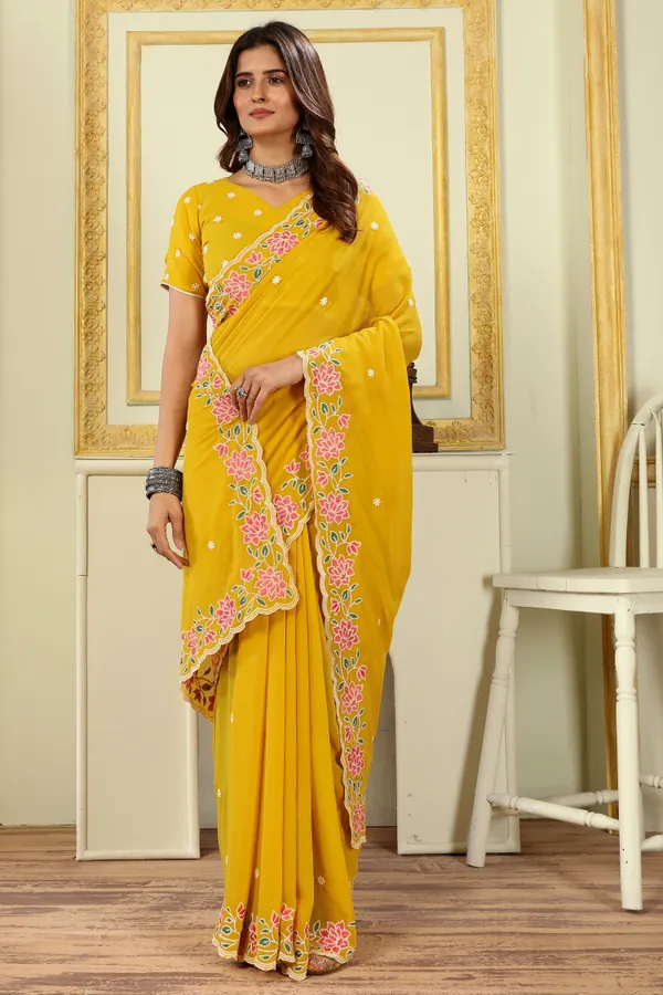 Latest_Design_Georgette_Floral_Embroidery_Saree_With_Amazing_Embroidery_Border_And_Georgette_Embroidery_Blouse_Piece