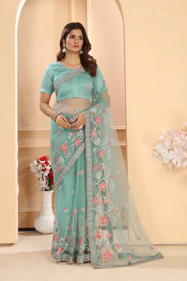 New_Trend_Soft_Net_Floral_Zari_Embroidery_Saree_With_Pari_Lace_Embroidery_Border_&_Plain_Art_Silk_Blouse_Piece