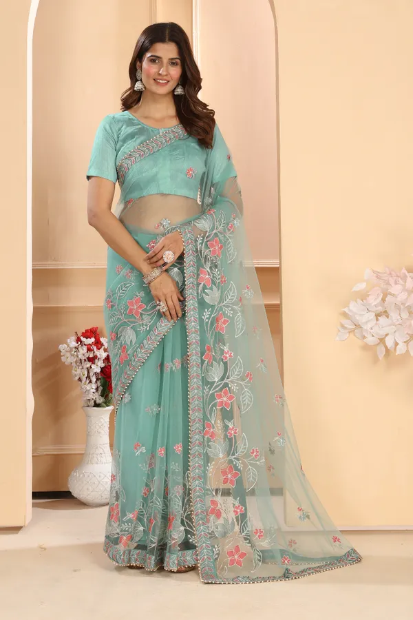 New_Trend_Soft_Net_Floral_Zari_Embroidery_Saree_With_Pari_Lace_Embroidery_Border_&_Plain_Art_Silk_Blouse_Piece