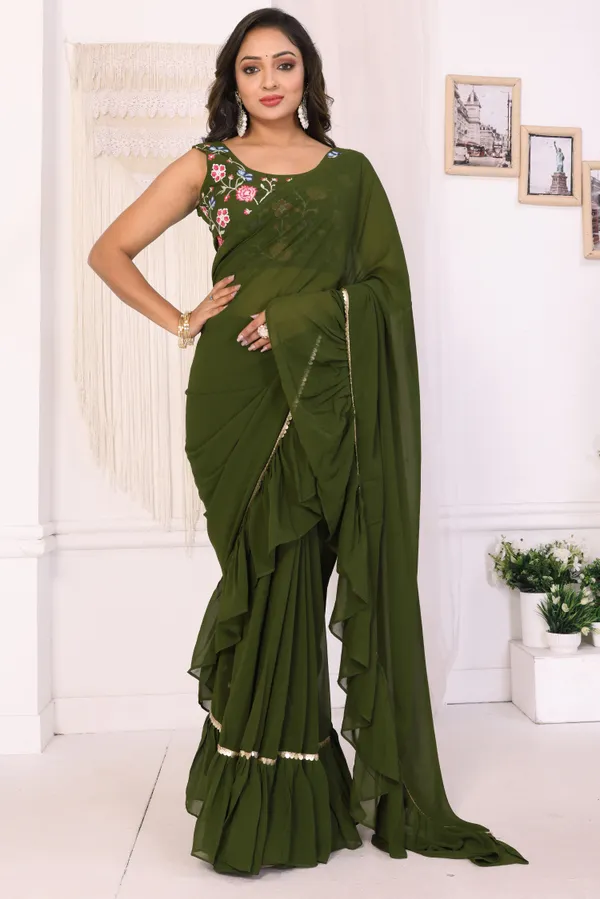 Attractive_Georgette_Fabric_Ruffle_Style_Ready_To_Wear_Saree_With_Unstitched_Embroidery_Blouse