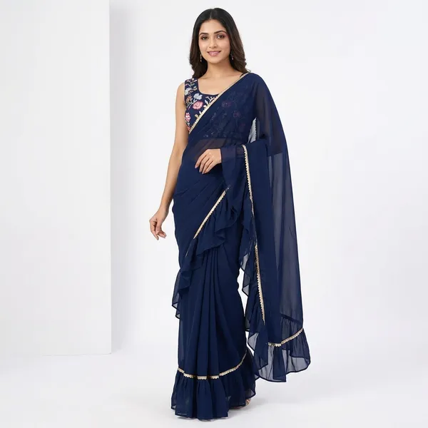 Attractive_Georgette_Fabric_Ruffle_Style_Ready_To_Wear_Saree_With_Unstitched_Embroidery_Blouse