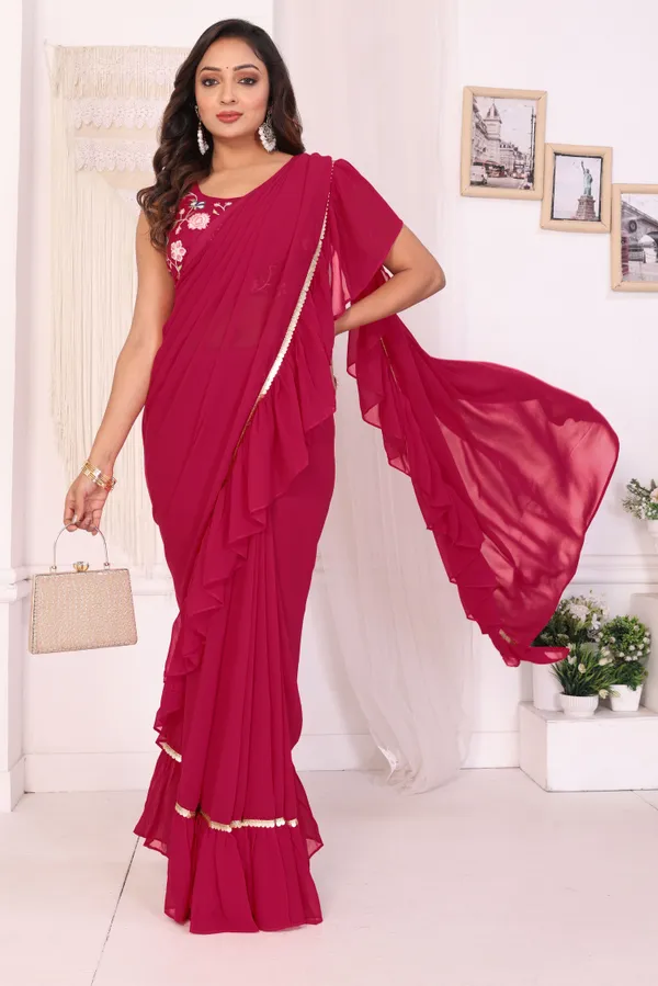 Attractive_Georgette_Fabric_Ruffle_Style_Ready_To_Wear_Saree_With_Unstitched_Embroidery_Blouse