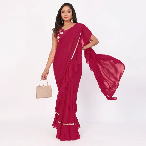 Attractive_Georgette_Fabric_Ruffle_Style_Ready_To_Wear_Saree_With_Unstitched_Embroidery_Blouse