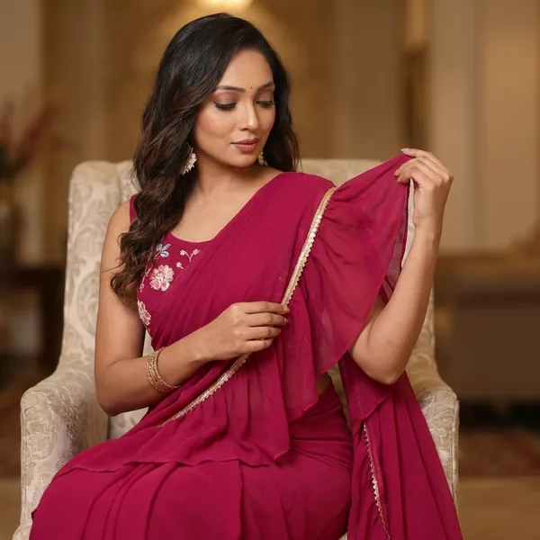 Attractive_Georgette_Fabric_Ruffle_Style_Ready_To_Wear_Saree_With_Unstitched_Embroidery_Blouse