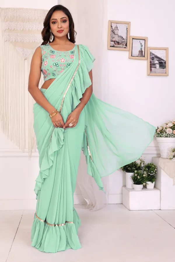 Attractive_Georgette_Fabric_Ruffle_Style_Ready_To_Wear_Saree_With_Unstitched_Embroidery_Blouse