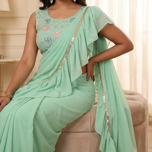 Attractive_Georgette_Fabric_Ruffle_Style_Ready_To_Wear_Saree_With_Unstitched_Embroidery_Blouse