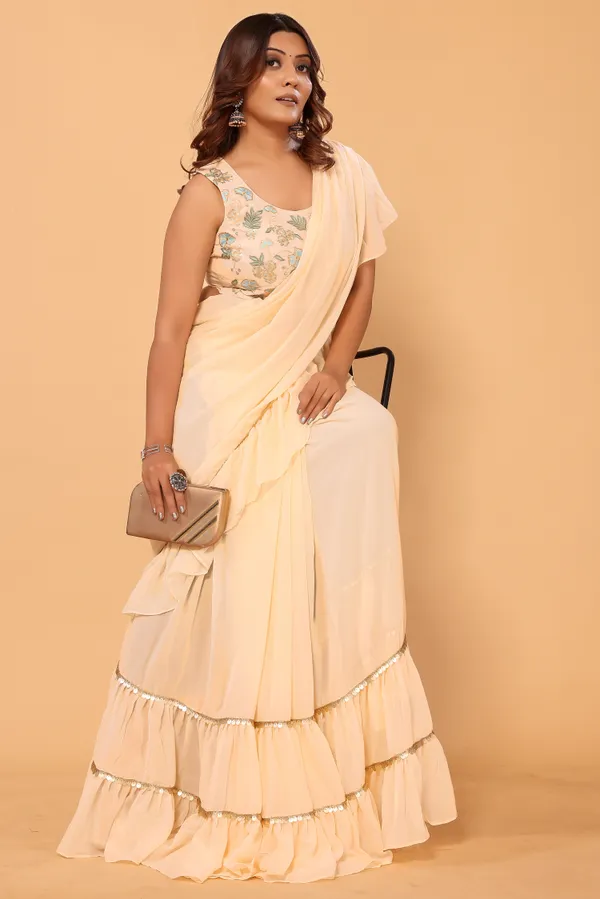 New_Collection_Georgette_Ready_to_Wear_Ruffle_Style_Saree_With_Unstitched_Embroidery_Blouse