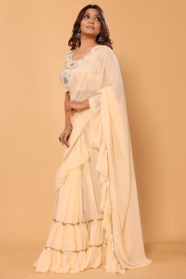 New_Collection_Georgette_Ready_to_Wear_Ruffle_Style_Saree_With_Unstitched_Embroidery_Blouse
