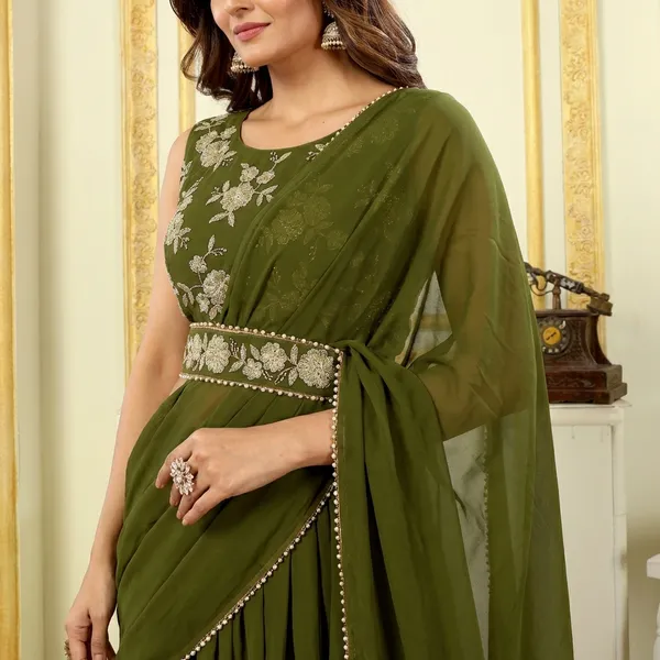 New_Collection_Ready_To_Wear_Georgette_Ruffle_Style_Lehenga_Saree_With_Stitched_Embroidery_Blouse_And_Belt